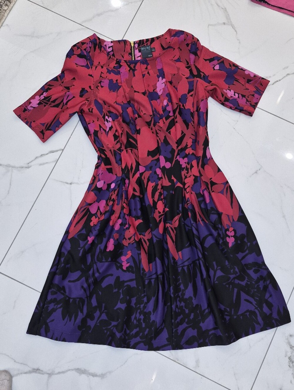 Gabby Skye Floral Fit-and-Flare Midi Dress in Magenta, Purple & Black